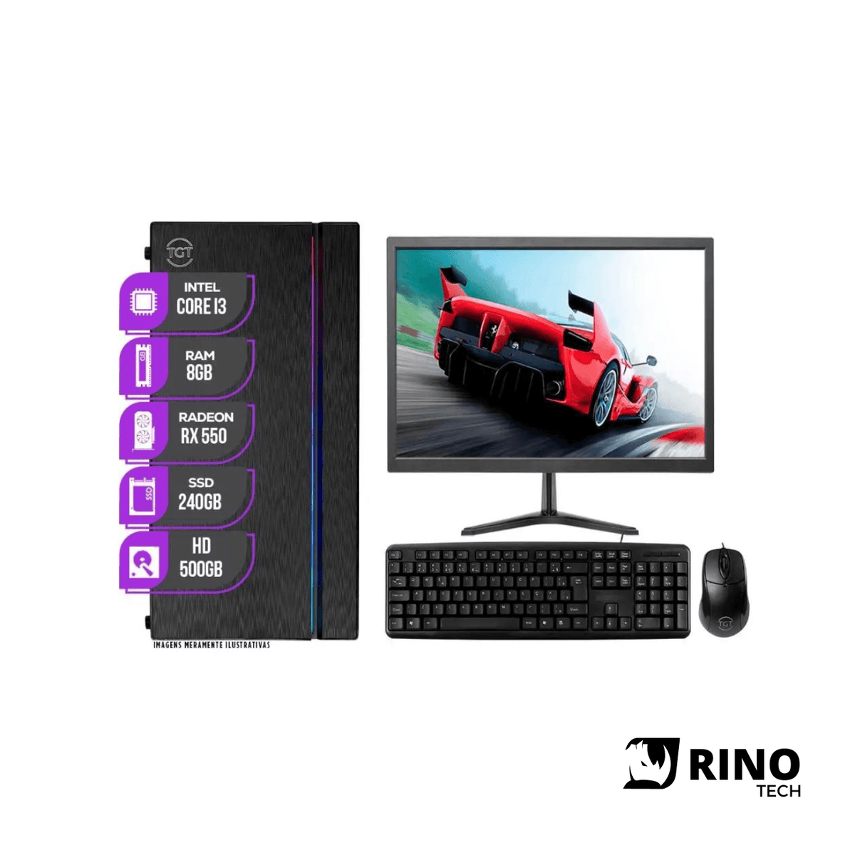 PC Gamer TGT Completo Placa de vídeo Intel i3 550 RX 8GB RAM SSD 240GB + Monitor HD 500GB + Kit Mouse Teclado - Rino Tech