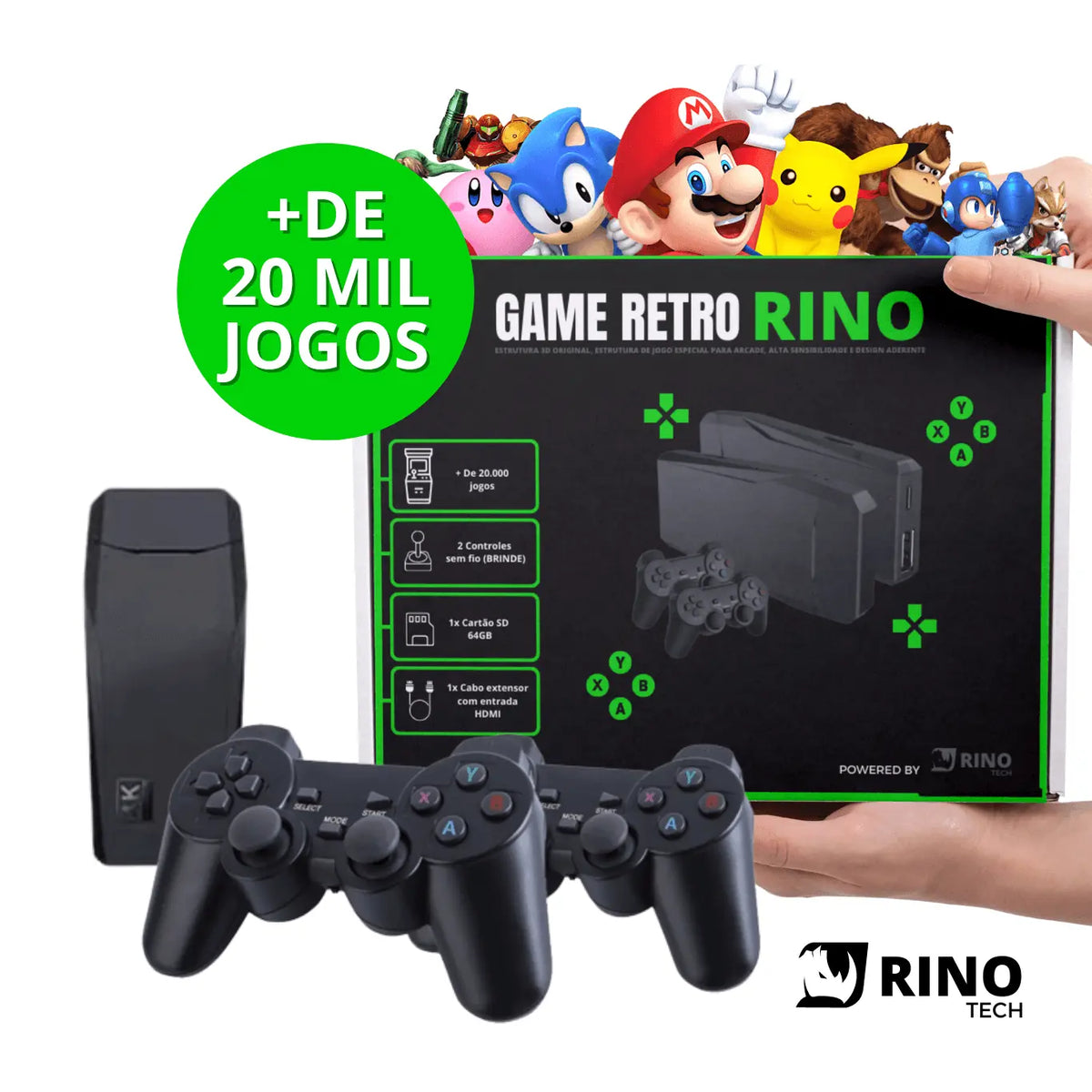 Game Retro Rino + de 20 Mil Jogos + 2 Controles de Brinde - Rino Tech